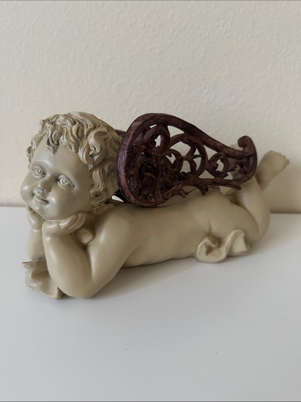 Lying Cherub Home Sculpture in Cream with Antique Bronze Wing